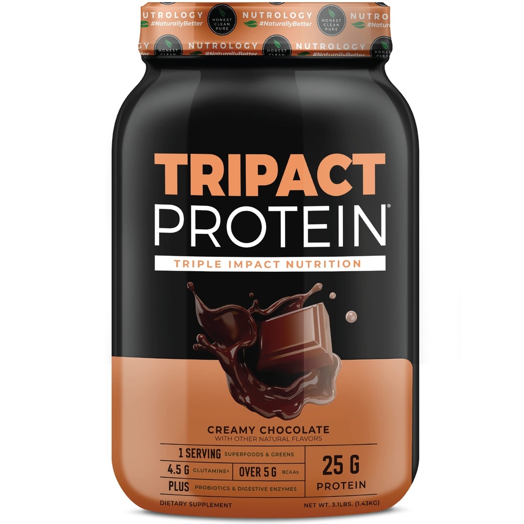 Nutrology TRIPACT Protein Powder - 7-i-1 Meal Replacement Shake med Grass Fed Whey Protein Powder, Pea, Rice, Greens for Muscle Recovery & Immunity, Creamy Chocolate Flavor, 40 portioner