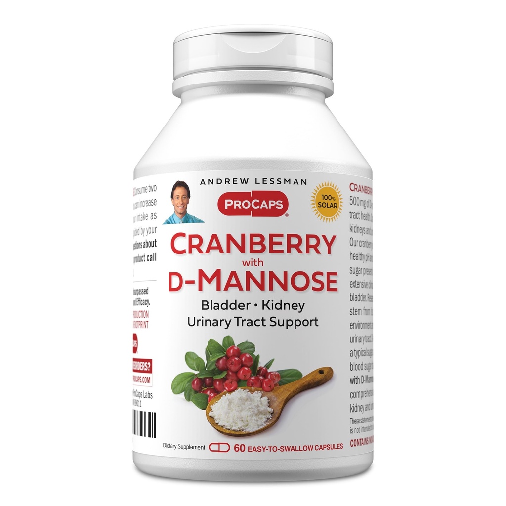 ANDREW LESSMAN Cranberry med D-Mannose - 60 kapslar - stöder blåsa, njure och urinvägar hälsa. High Potency Standardized Cranberry Concentrate och D-Mannose. Lätt att svälja kapslar