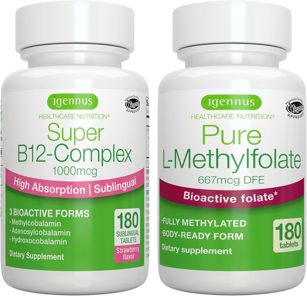 Super B12-Complex 1000mcg + Pure Folate 400mcg Vegan Bundle, High Absorption Sublingual Vitamin B12 med Methylcobalamin, Adenosylcobalamin & Hydroxocobalamin + Optimerad L-Methylfolate, av Igennus