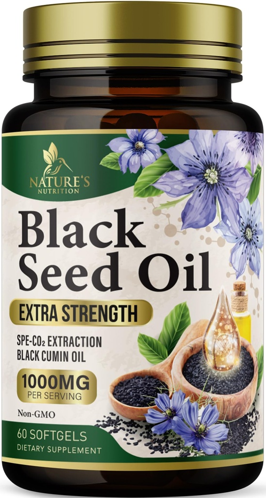 Black Seed Oil Softgels 1000mg - Premium Nigella Sativa Blackseed, Pure Natural Black Cumin Seed Oil & Antioxidant for Skin & Immune Support - Non GMO, pullotettu Yhdysvalloissa täydennysosa - 60 Softgels
