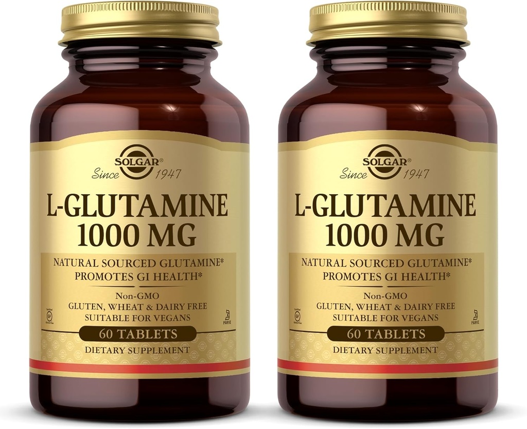 Solgar L-Glutamiini 1000 mg, 60 tablettia (pakkaus 2) - Natural Muscle Food - edistää ruoansulatuskanavan (GI) Terveys - Tukee aivojen terveyttä - Ei-GMO, Vegan, Gluteeniton, Kosher - 60 Yhteensä
