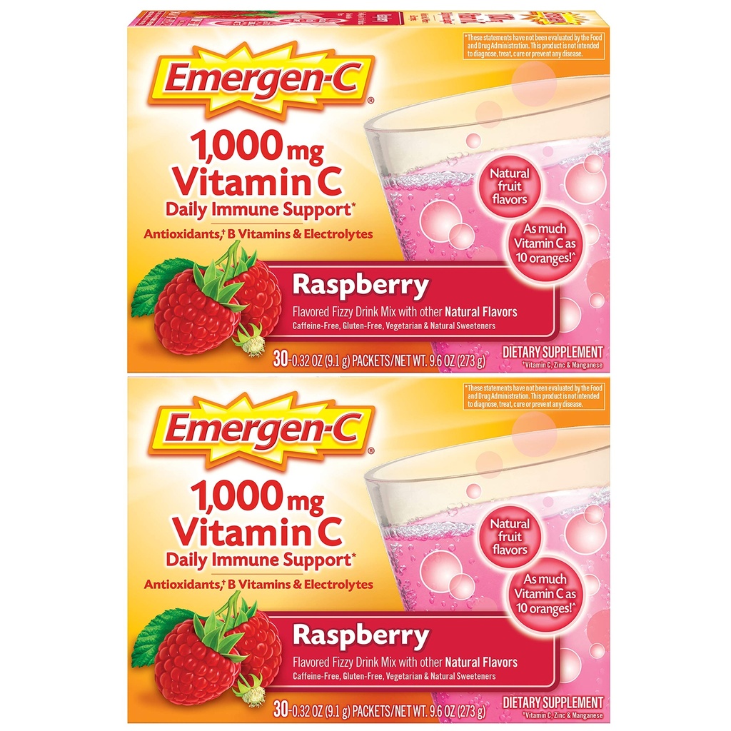 Emergen-C 1000 mg C-vitamiinijauhe, jossa antioksidantteja, B-vitamiinit ja elektrolyyttejä, C-vitamiini täydentää immuunitukea, kofeiiniton juoma Mix, vadelma maku - 60 Count/2 kuukauden tarjonta