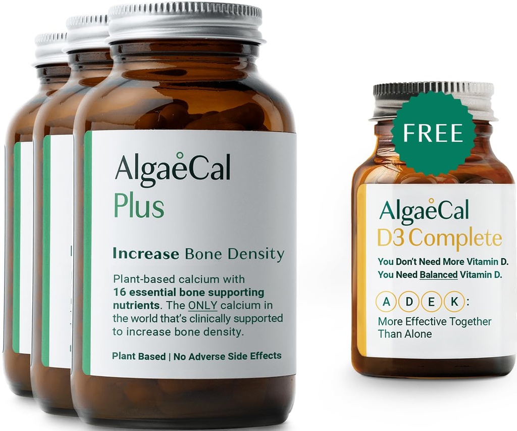 ALGAECAL Plus Bundle - ilmainen 4-in-1 D3-vitamiini Täydellinen & punainen Algae Kalsium 16 luuta tukevat ravintoaineet, kliinisesti tuettu lisäämään luun tiheys ja parantaa immuunijärjestelmää