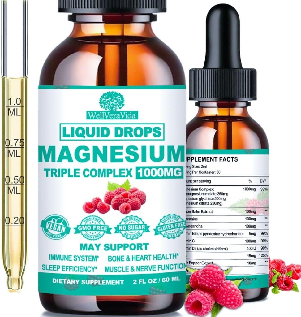 Triple Magnesium Complex, 500 mg magnesium Glycinatea, Citrate & Malate w. D3-vitamiinia K2, kelatut muodot Korkea imeytyminen, nestemäinen magnesiumkompleksi w/B6 Sinkkiä luulle, unelle, sydämelle, energiahervelle