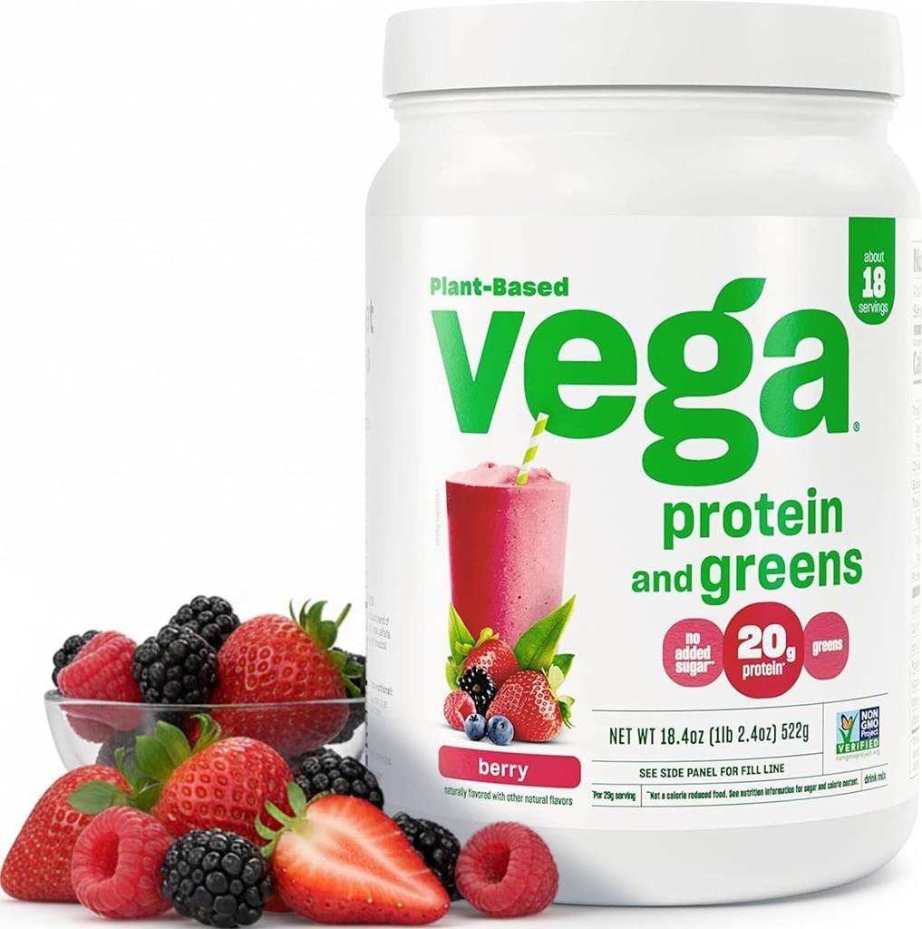 Vega Protein and Greens Protein Powder, Berry - 20g Plant Based Protein Plus Veggies, Vegan, Non GMO, Pea Protein for Women and Miehet, 1,2 lbs (Packaging May Vary)