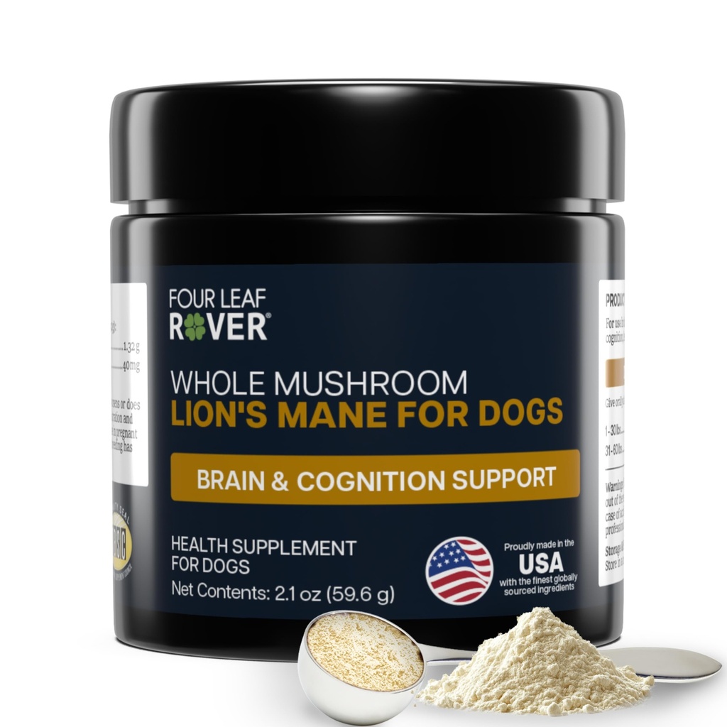 FOUR LEAF ROVER - Lion's Mane Mushrooms for Dogs - stöder hälsosamma hjärnor och nervsystem i hundar av alla åldrar - organiska hela svampar - 3rd Party Tested - 60 Day Large Dog Supply