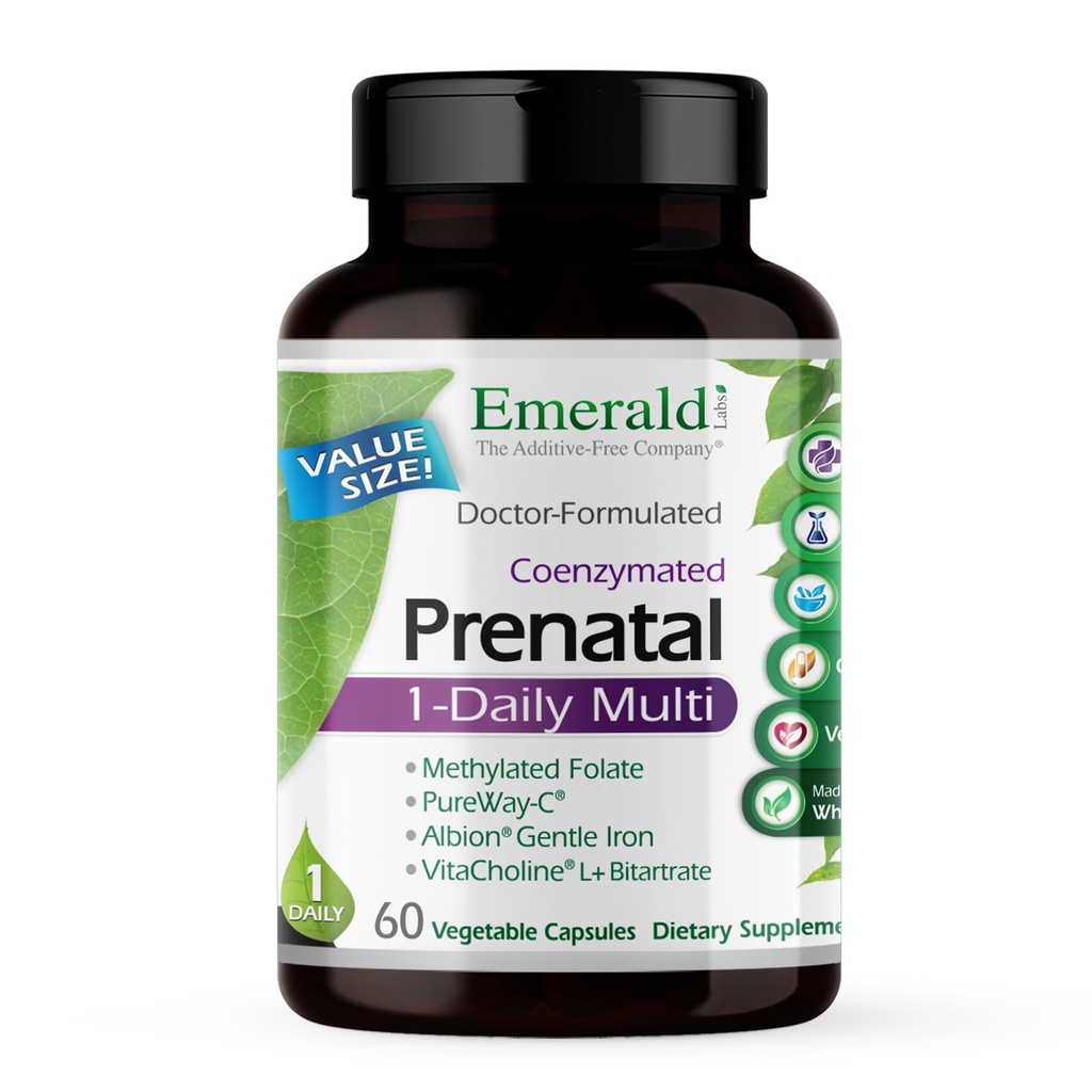 EMERALD LABS Prenatal 1-Daily Multi-Daily - Prenatal Multivitamiini methylated Folaatti, rauta, koko elintarvikkeiden sekoitus & enemmän - soijaton, gluteeniton - 60 Vihanneskapselit