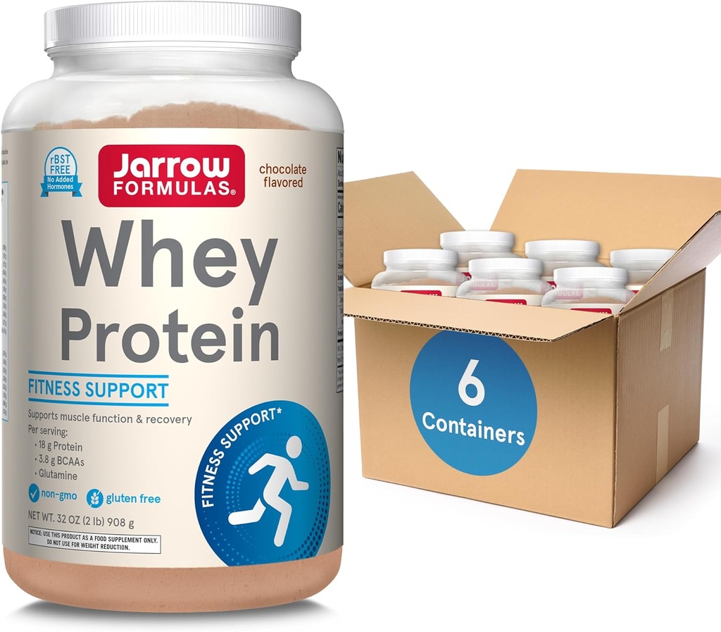 Jarow Formula Whey Protein kanssa 18 g proteiinia, 3.8 g BCAAs,& Glutamiini, ravintolisä lihasten toimintaa ja Recovery Support, 32oz suklaa makujauhe, Noin 35 päivän tarjonta, pakkaus 6