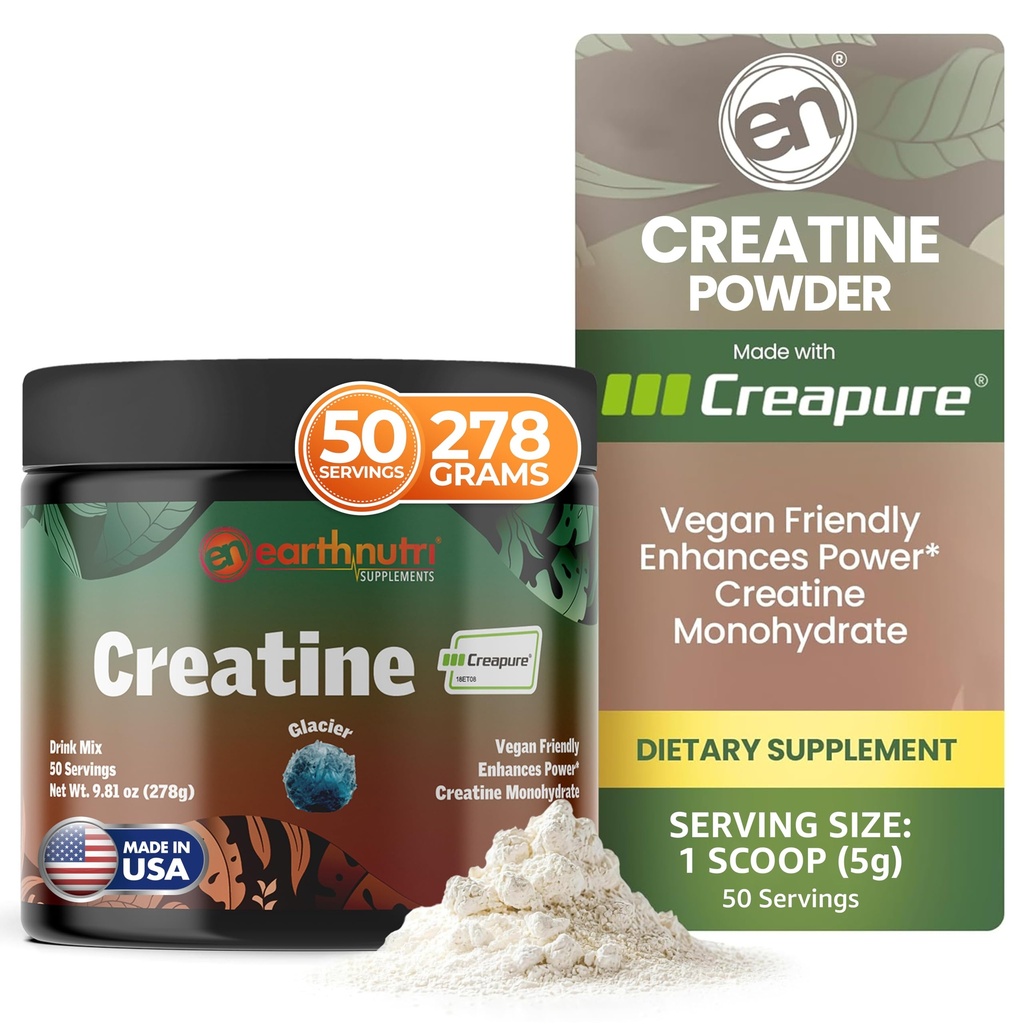 EarthNutri Creatine Monohydratpulver - Rent kreatintillskott för muskelstyrka, styrka och prestanda - Icke-GMO, sockerfri, additivfri - för män och kvinnor, smaksatt 250 g