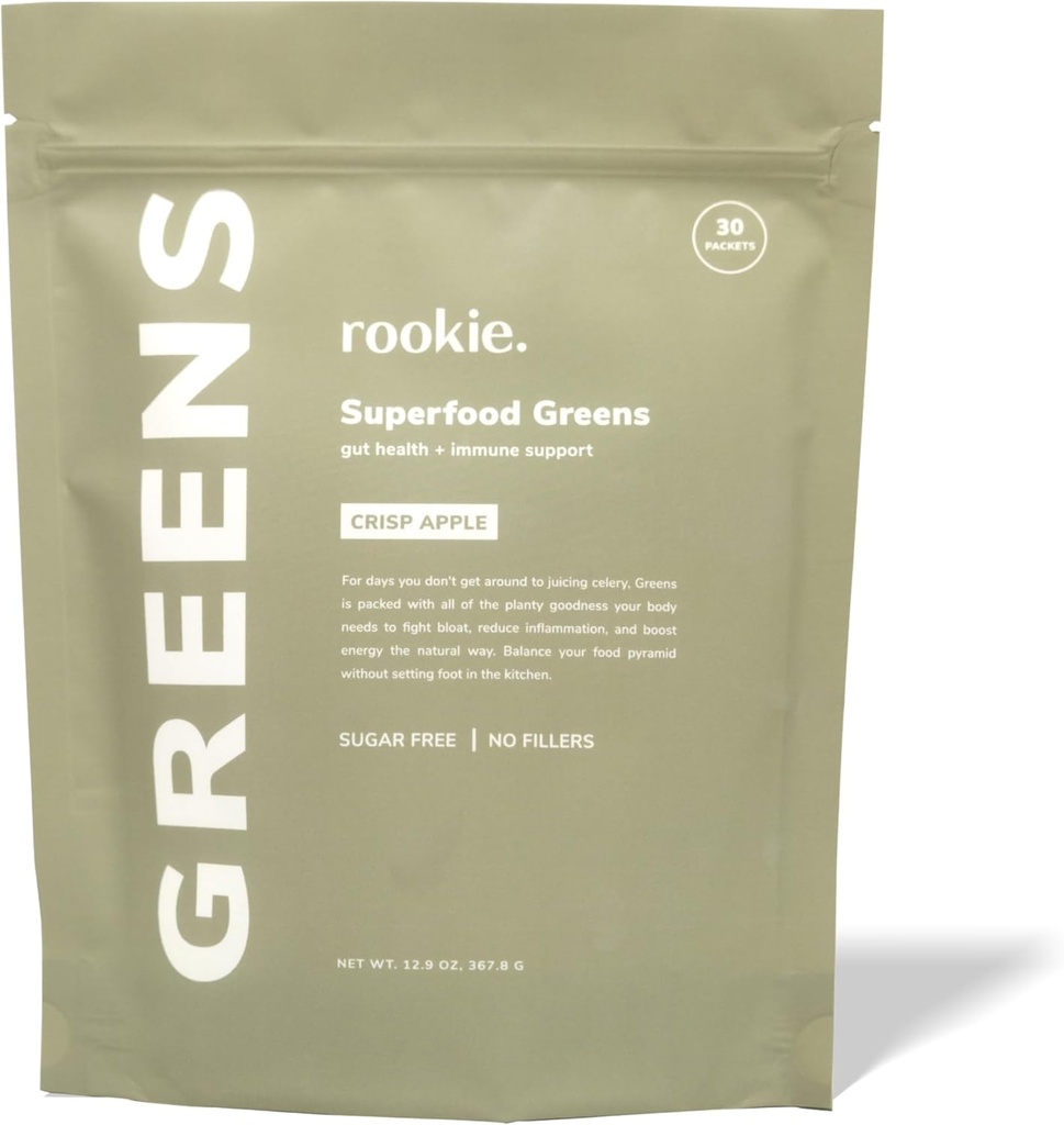 Rookie Wellness Greens + Superfoods - Greens Superfoods Powder Drink Made med Whole Food Sourced Ingredients Innehåller Vitaminer, Probiotika, Antioxidanter och Baobab Fiber (30 portioner, Crisp Apple)
