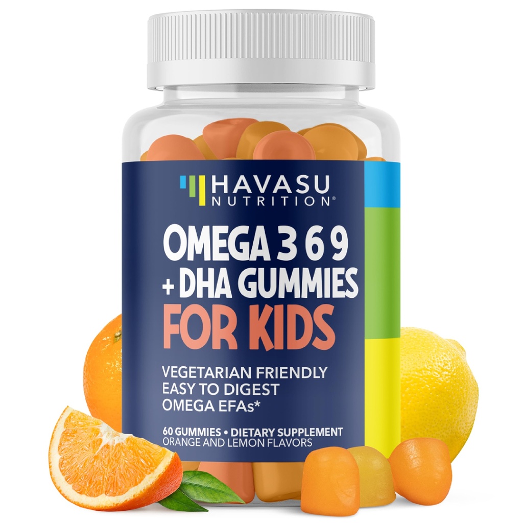 Omega 3 6 9 + DHA Gummies för barn - Vegetarisk, växtbaserad fiskolja med DHA och EPA för barn 2 + för att stödja kropp och hjärnutveckling - ingen fiskig smak - Lemon och orange smaker - 60 greve