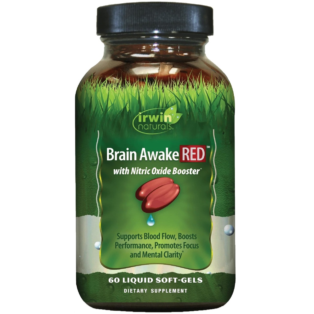 Irwin Naturals Brain Awake RED med Nitric Oxide Booster - 60 Liquid Soft-Gel - Support Brain Health & Optimize Performance - 20 Totala portioner