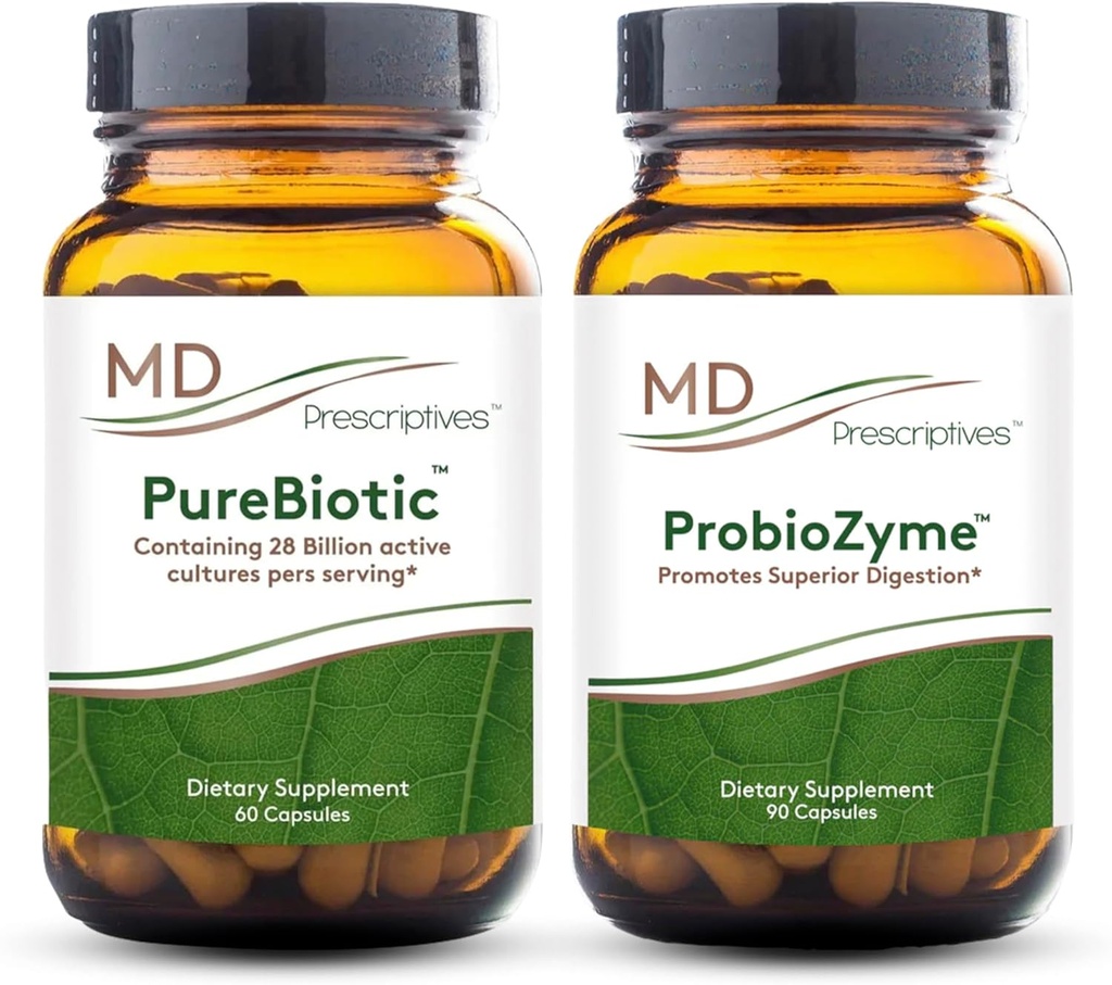 MD Prescriptives PureBioottinen ja ProbioZyme Bundle - Ruoansulatus- ja suolistoterveyden lisäosa - 60 kapselia/90 kapselia