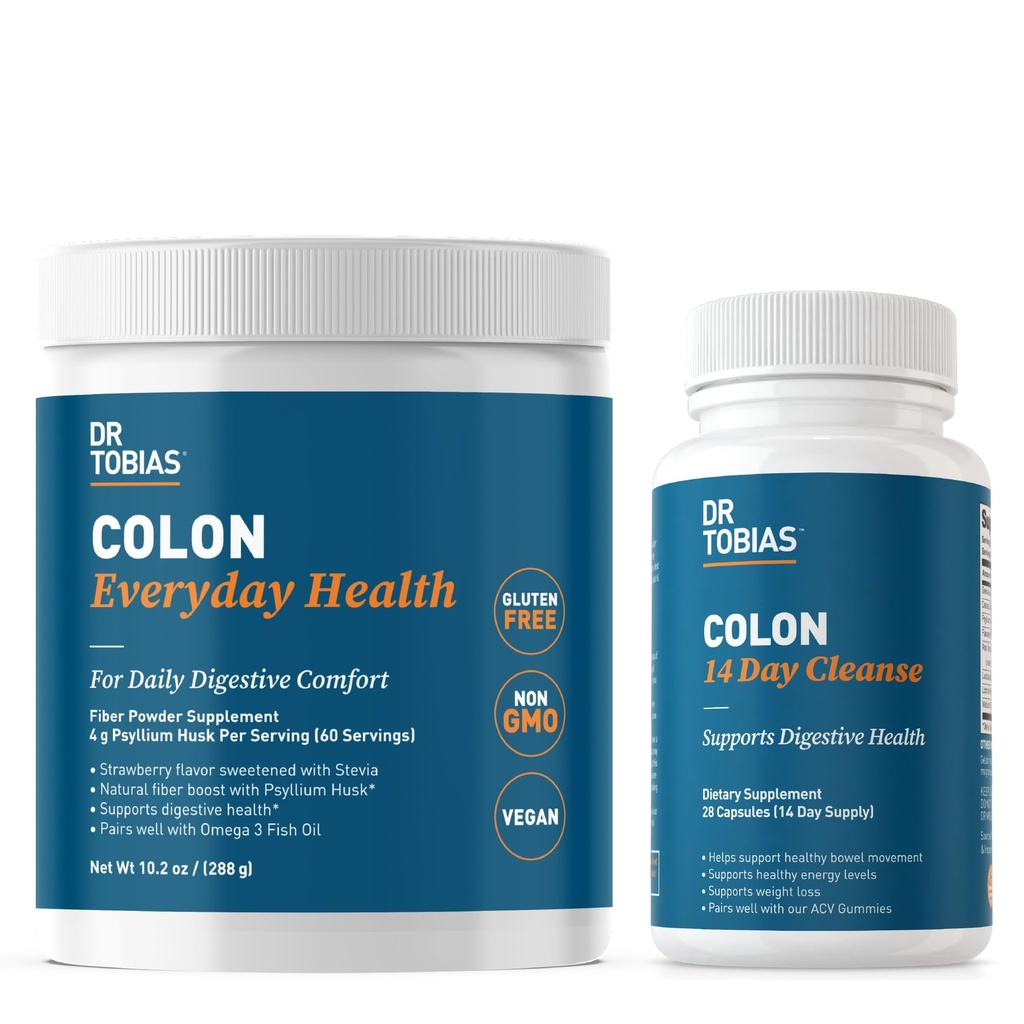 Dr Tobias Colon 14 Day Cleanse och Colon Everyday Health, Advanced Gut Cleanse Detox & Daily Digestive Support med Psyllium Husk Fiber Powder, Digestive Wellness Bundle, Non-GMO
