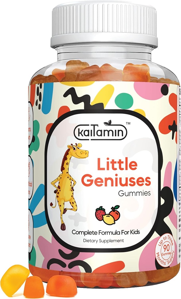 Barn Multivitamin Gummies Little Geniuses: Vitaminer C, D3, Zink, Folate, för immunitet, intelligens, fokus och tillväxt. Vegan, icke-GMO, organisk, glutenfri | 90 Gummies 3 månaders leverans