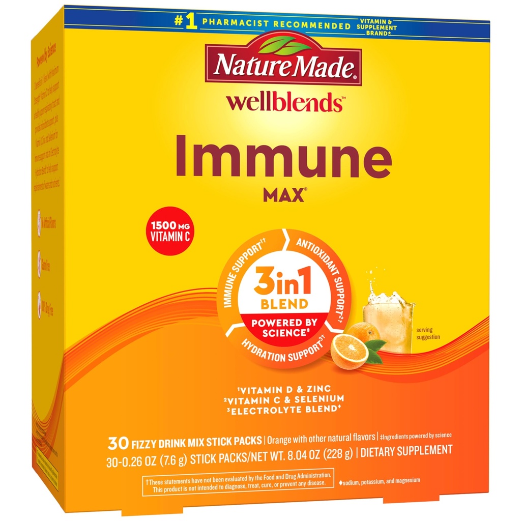 Nature Made Wellblends ImmuneMAX Fizzy Drink Mix, vitamin C 1500mg, Zink 15 mg, Vitamin D3 1000 IE (25 mcg), plus B Vitaminer och Electrolytes Hydration Blend, 30 Stick Packs