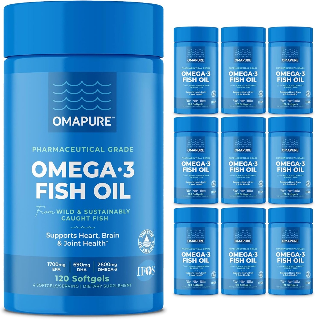 OMAPURE Wild Caught Omega-3 lisäravinteet korkea EPA & DHA (10 pullot, 120 Softgels) - Burpless Formula tuki sydän & yhteinen terveys, edistää aivojen toiminto