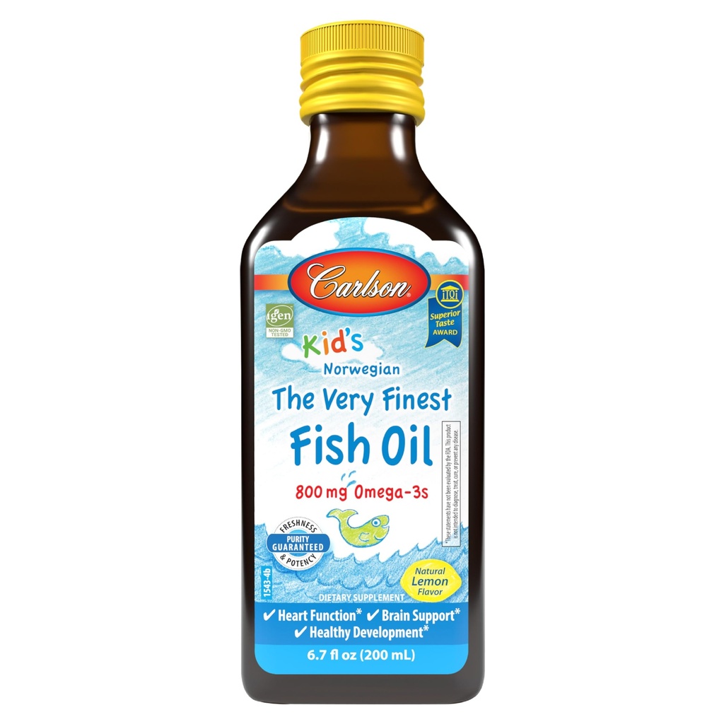 Carlson - Kid's The Very Finest Fish Oil Liquid, 800 mg Omega-3s, Norja, Wild-Caught Fish Oil, Omega 3 Liquid for Kids, kestävästi Lähde, sitruuna, 200 ml