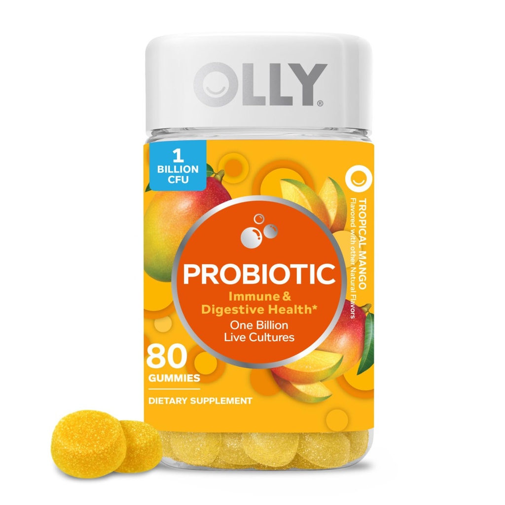 OLLY Probiotic Gummy, 1 miljarder CFU, Immune och Digestive Support, Chewable Probiotic Supplement, Mango, 80 Count