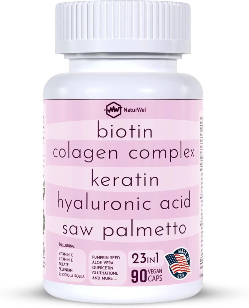 Collagen 1000mg Rhodiola Rosea 2500mg Biotin 10.000mcg, Hyaluronic Acid, DHT Blocker, Vitamin C & E, Folic Acid, Aloe Vera, Quercetin, Green Tea, Keratin, MSM - 90 greve (90 greve av 1)