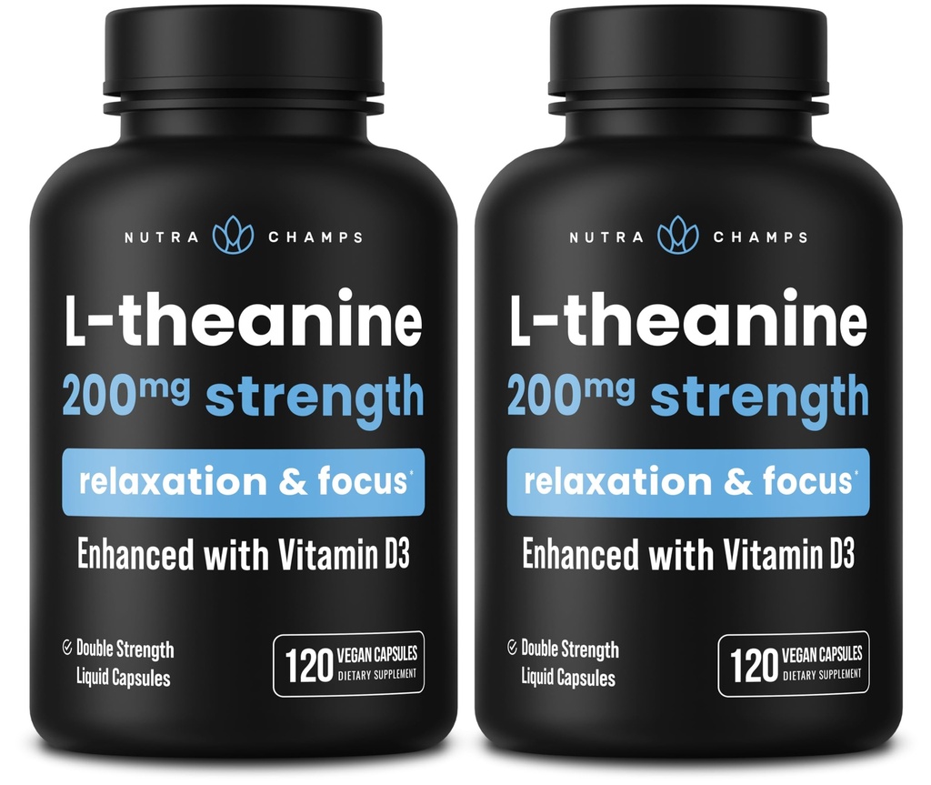NutraChamps L-Theanine 200 mg kapselit, Double Strength L-Theanine Liquid D3-vitamiinilla, luomukookosöljy, 120 vegaaninen kapseli (pakkaus 2)