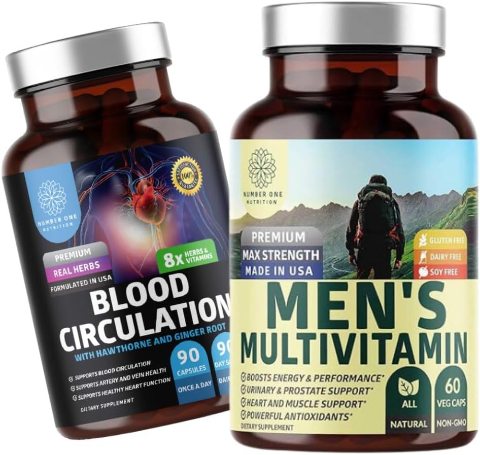 Number One Nutrition N1N Premium Mäns dagliga multivitamin [Vitaminer A C E D, Magnesium, Zink] och blodcirkulationstillägg [8 kraftfulla örter och vitaminer], 2 Pack Bundle