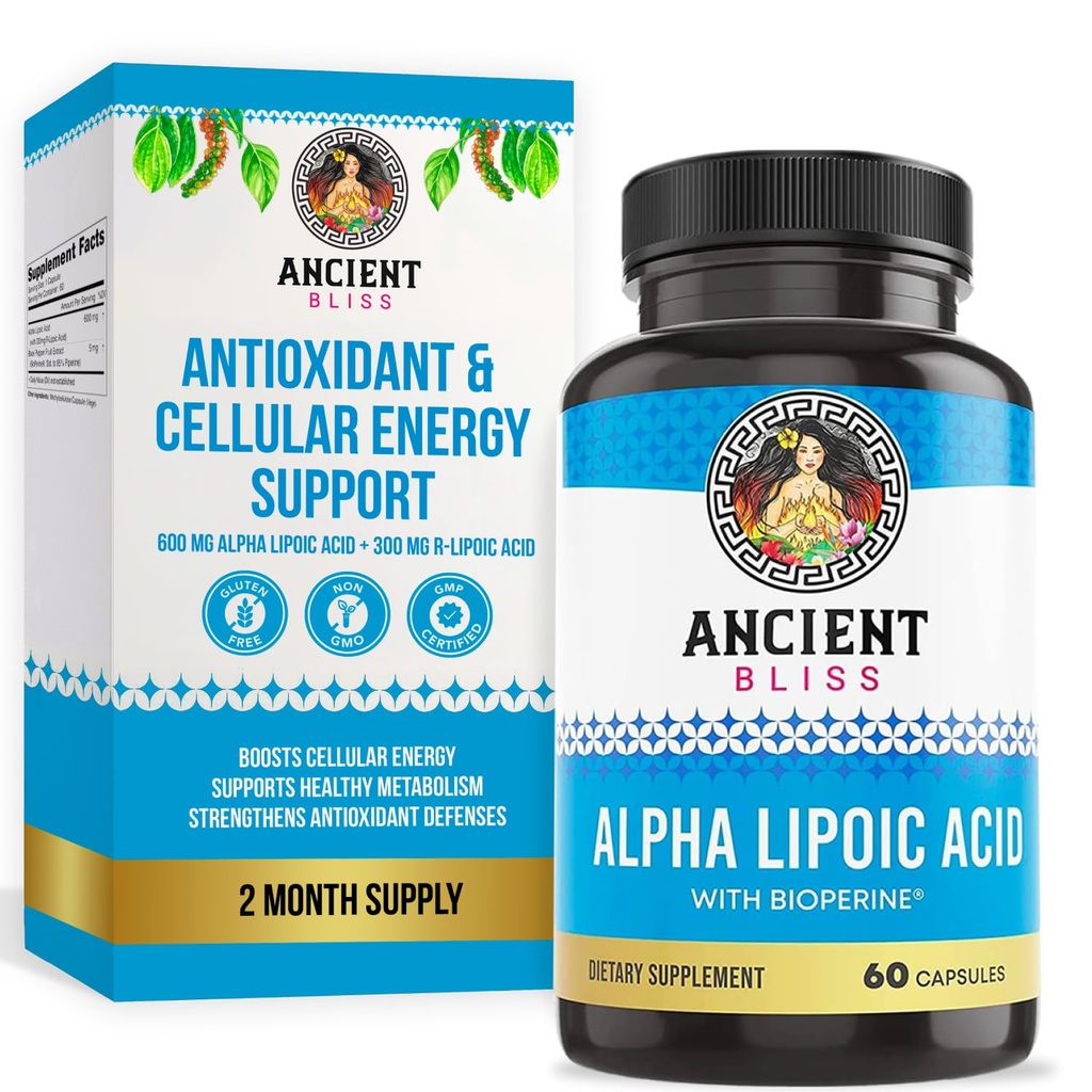 Ancient Bliss Alpha Lipoic Acid Supplement, Antioxidant och energi Support, ALA Supplement med Bioperine, No Gluten och Soja, 600mg per Servering, 60 Vegan Capsules