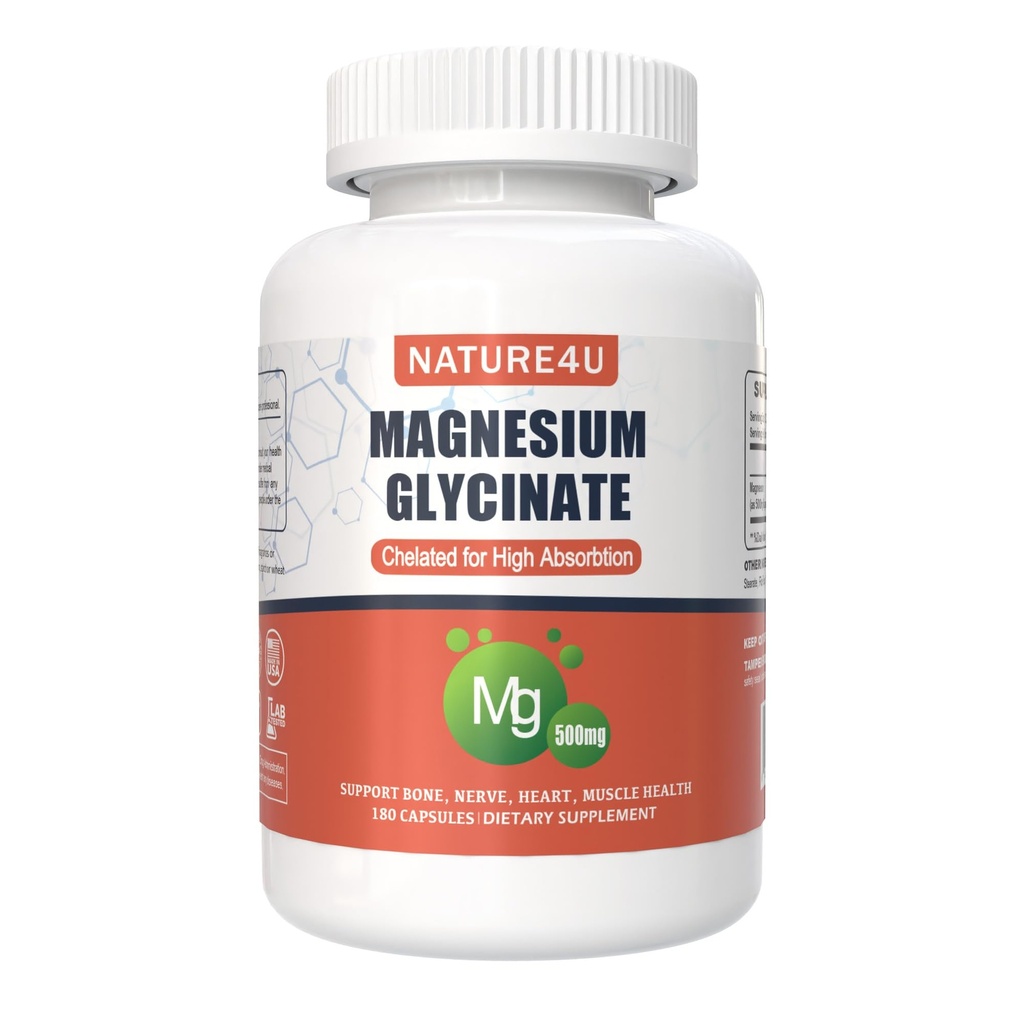 Magnesium Glycinate 500 mg, 100% Chelate korkean imeytymisen magnesiumlisä unelle, lihakselle, sydämelle, koskaan ja luun tuki, 180 kapselia