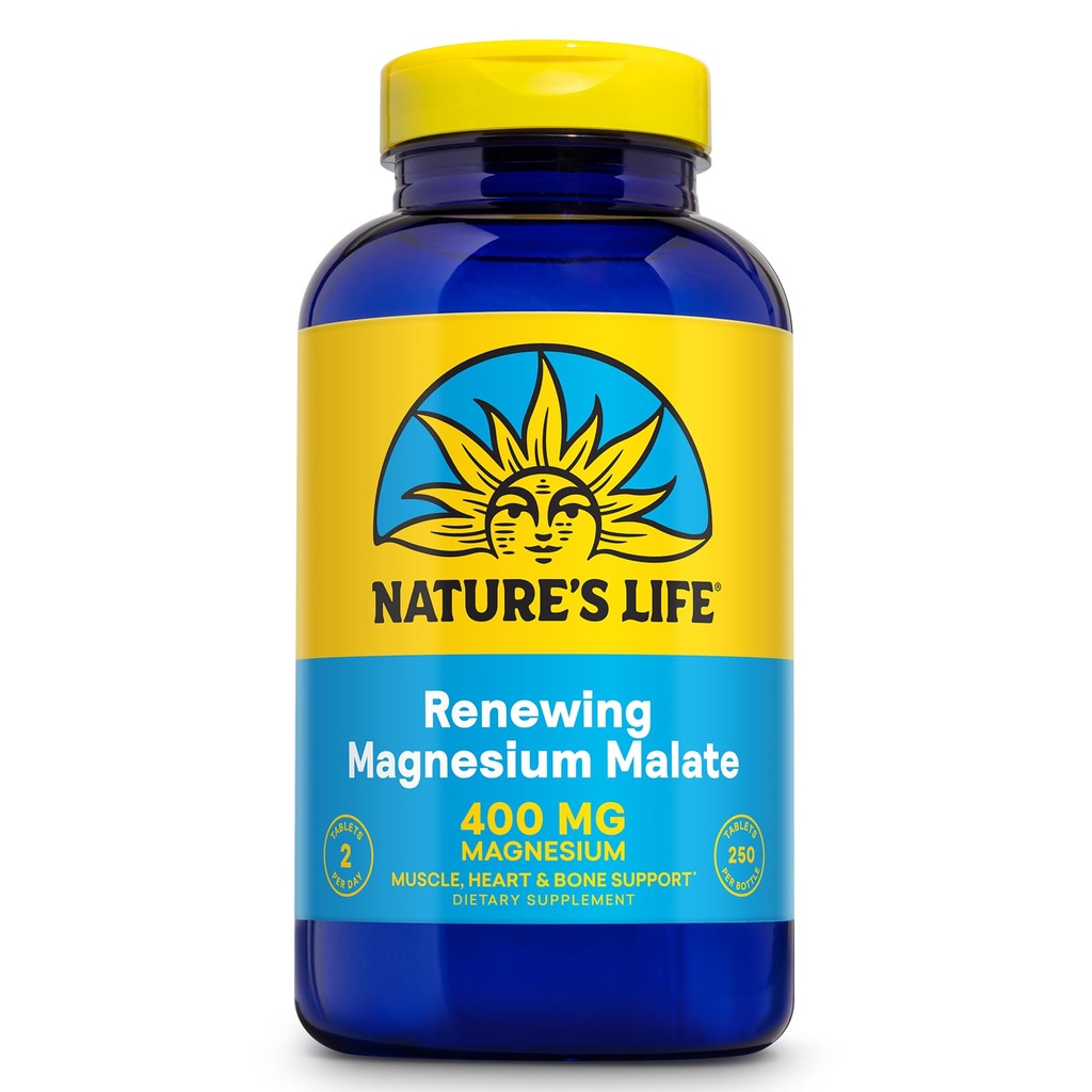 Nature's Life Renewing Magnesium Malate 200 mg - Yksi per päivä - Lihas, sydän, hermojen terveys, ja luun tuki - Maksimi-imeytyminen - Lab vahvistettu - 60 päivän takuu - 250 tarjoilua, 250 tablettia
