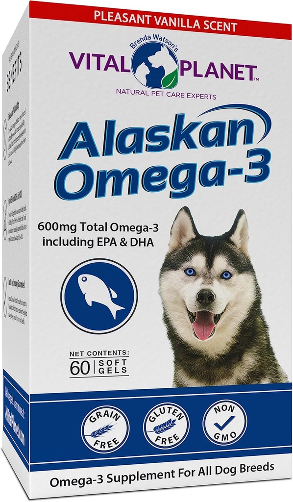 Elinvoimaplaneetta - Alaskan Omega-3 Fish Oil Supplement for Dogs with 600mg Omega-3, High in DHA and EPA from kestävästi Harved Wild Caught Cold Water Fish, 60 Vanilla Softgels