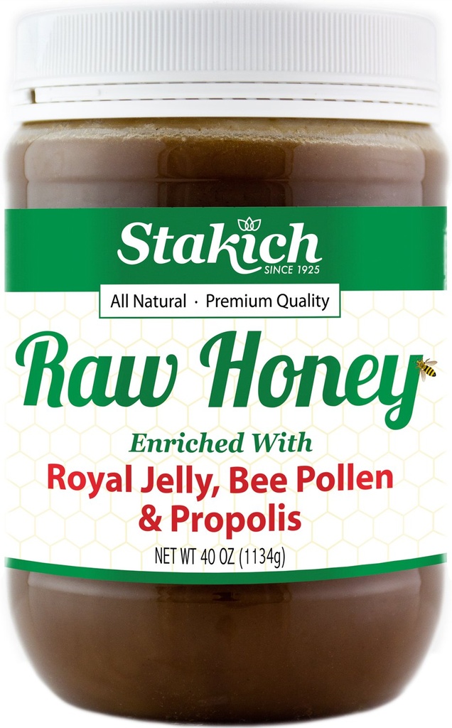 Stakich Royal Jelly, Bee Pollen, Propolis Raw Honey - puhdas, käsittelemätön, lämmittämätön - 40 Ounce