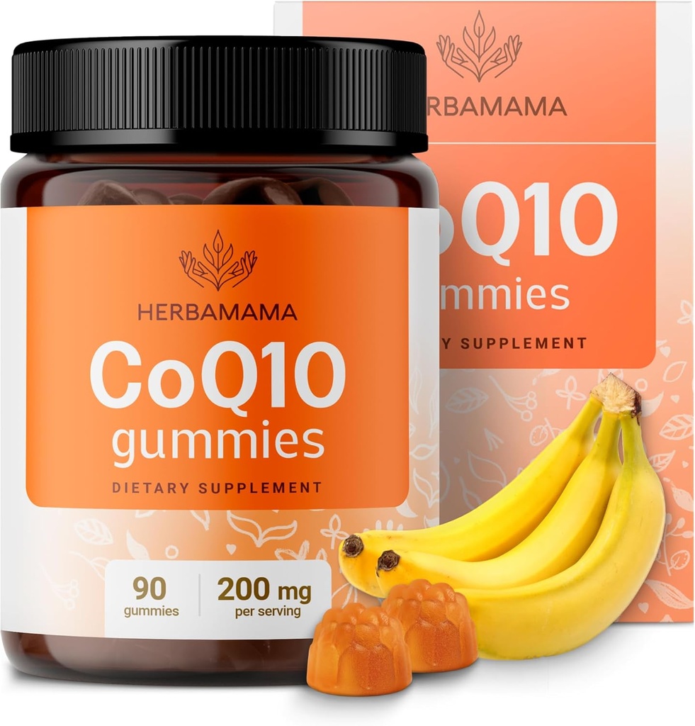 HERBAMAMA CoQ10 Gummies - 200mg Coenzyme Q10 antioksidantti tuki - Vegan, ei-GMO Daily Energy Support Supplement - 90 Pektiini-Banana-Flavored Chews