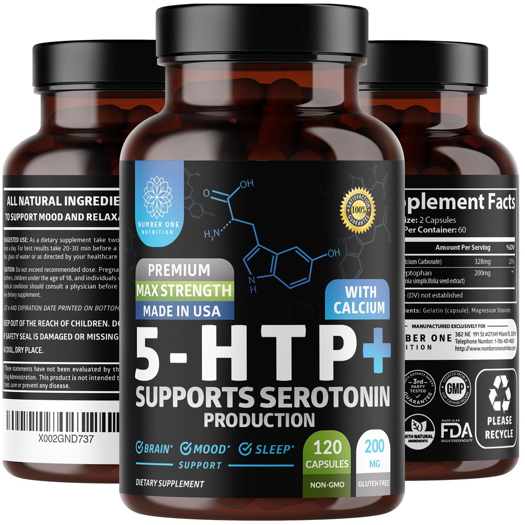 N1N Premium 5- HTP 200mg Plus Kalsium, valmistettu Griffonia siemenuutteesta, ei-muuntogeenisistä ja gluteenittomista, 120 kapselia