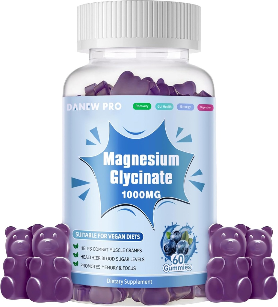 Magnesium Glycinate Gummies 1000 mg - Sokeriton magnesium Kaliumlisä D-vitamiinilla, B6, CoQ10 rauhalliseen mieliala- ja unitukeen - 60 mustikkatypykkä
