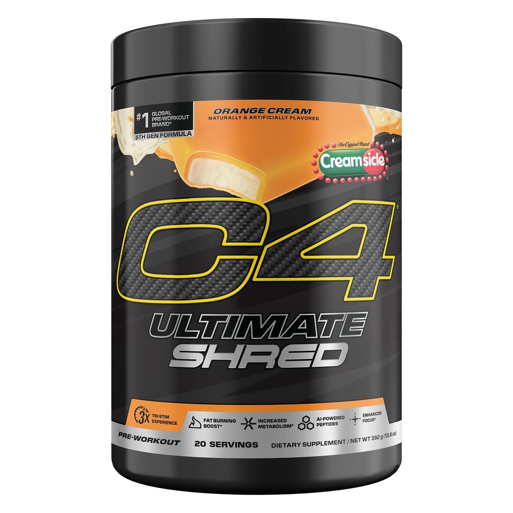 Cellucor C4 Ultimate Shred Pre Workout Powder, Metabolism Supplement med Cayenne Extract + 300mg Koffein + TeaCrine + Dynamin - Orange Creamsicle, 20 portioner