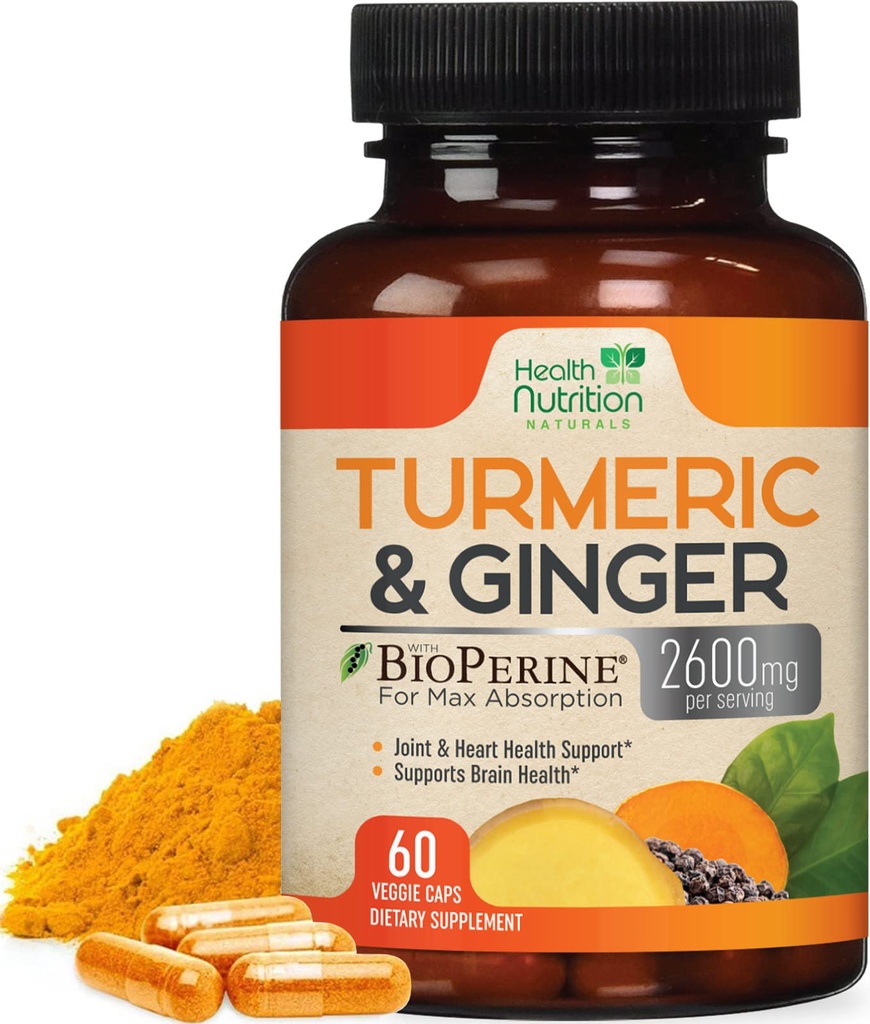 Turmeeric Curcumin Supplement 2600mg - kanssa Organic Inkivääri & Turmeeric, 95% Curcuminoidit, BioPerine Black Pepper for Best Absorption, Nature's Vegan Joint Support, ei-GMO, pullotettu Yhdysvalloissa - 60 kapselia