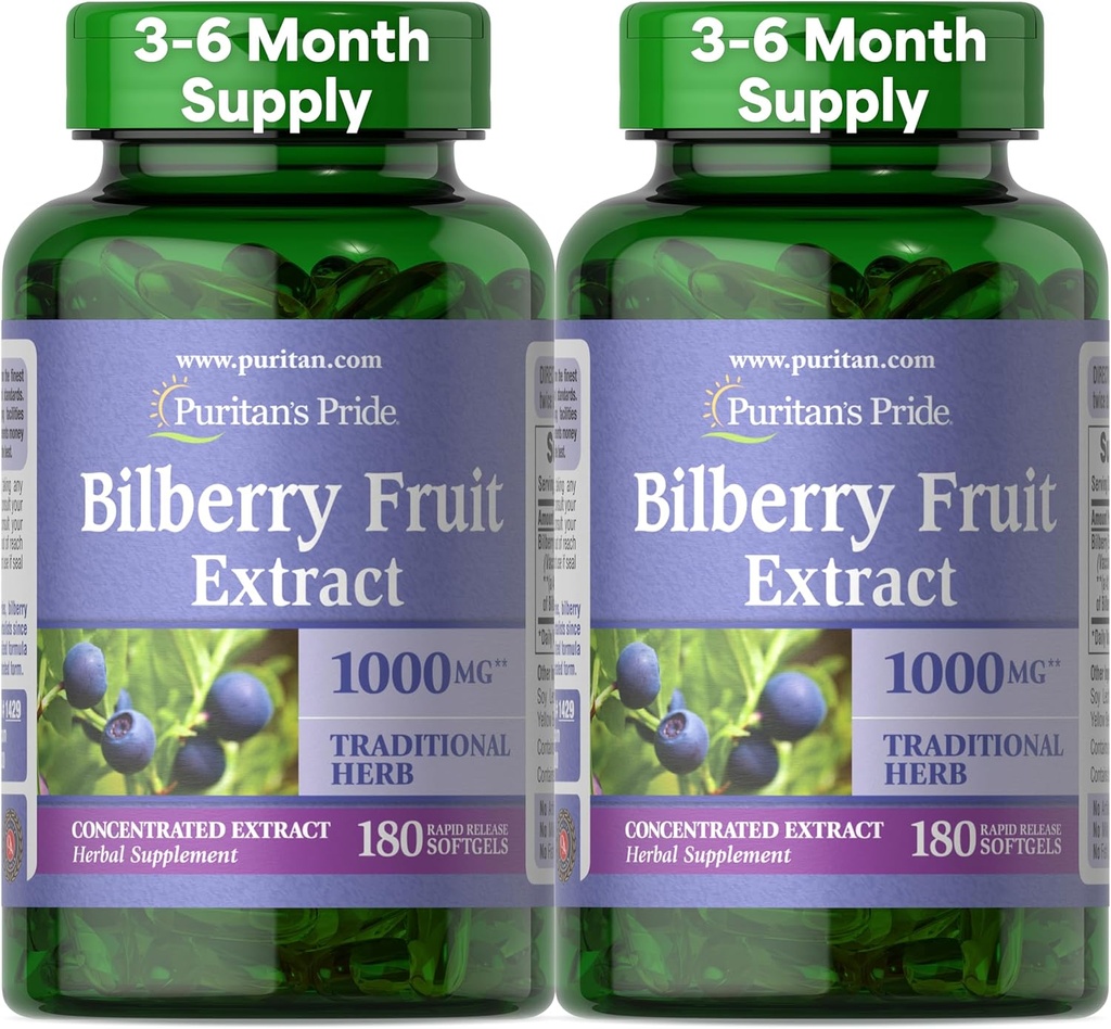Puritans Pride Premium Bilberry Fruit Extract 250 mg (1000 mg motsvarande), 4:1 Koncentrerad traditionell Herbal Supplement, Vitamin C, 3 till 6 månaders leverans, 180 Rapid Release Softgels 2-Pack