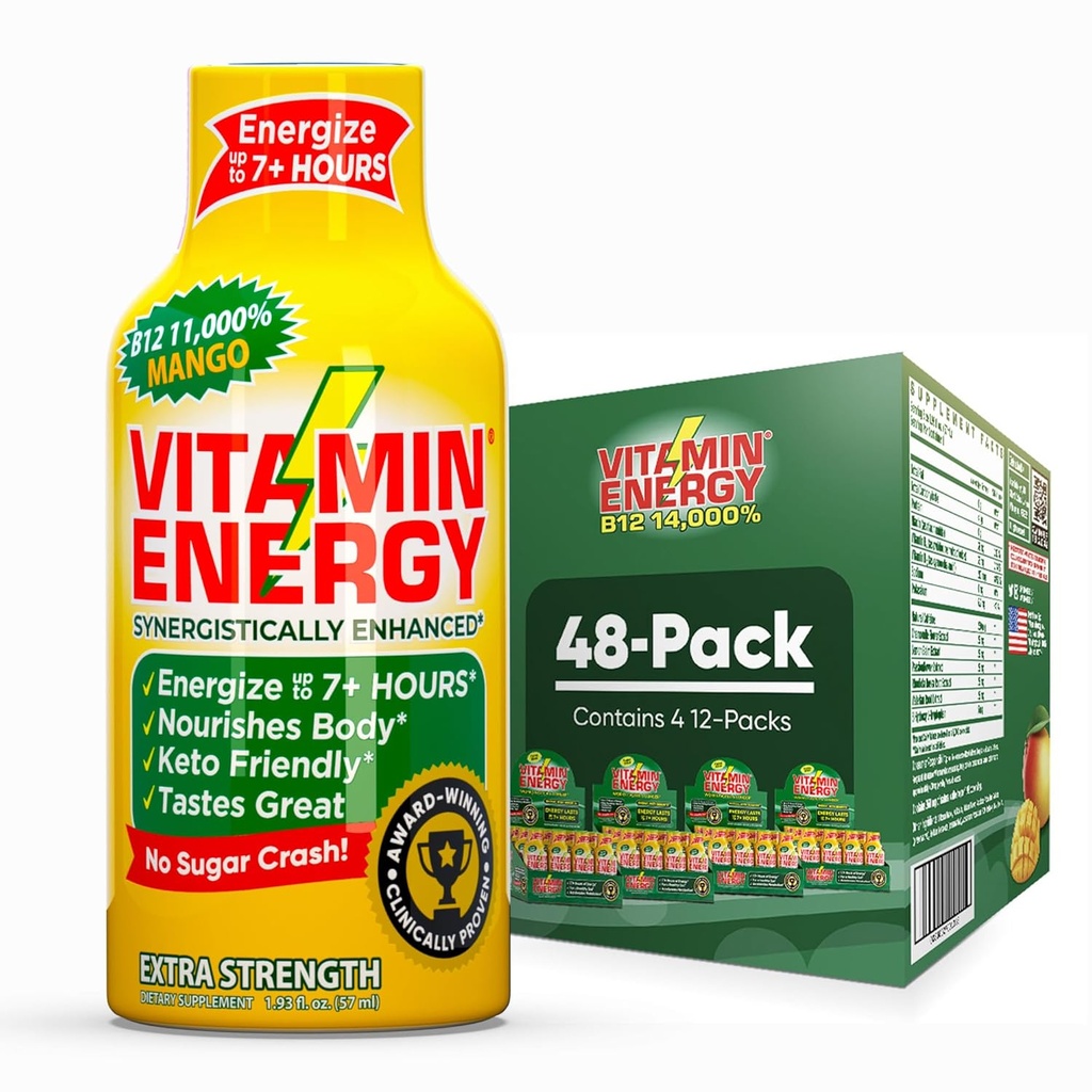 B12 11 000% Extra Strength Energy Shot Mango 48 Pack, 260 mg Natural Comfeine, B12 & B6, Nootropic Focus, Vitality, Zero Sugar, Gluteeniton, Vegaani, Kosher, 1,93 fl oz