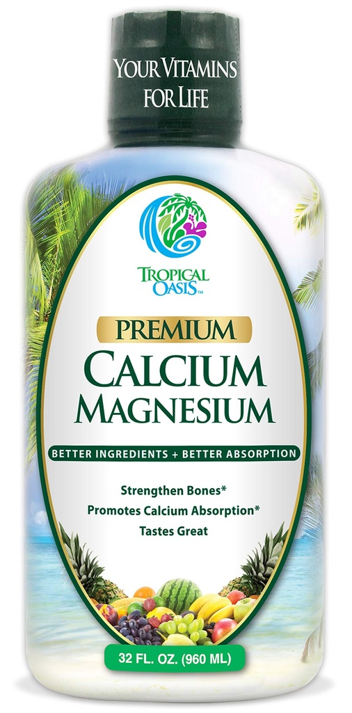 Tropisk Oasis Liquid Calcium Magnesium - Naturformel w / Support för starka ben - Liquid Vitamins w / Calcium, Magnesium & Vitamin D - upp till 96% Absorption av kroppen. - 32oz, 64 Serv.
