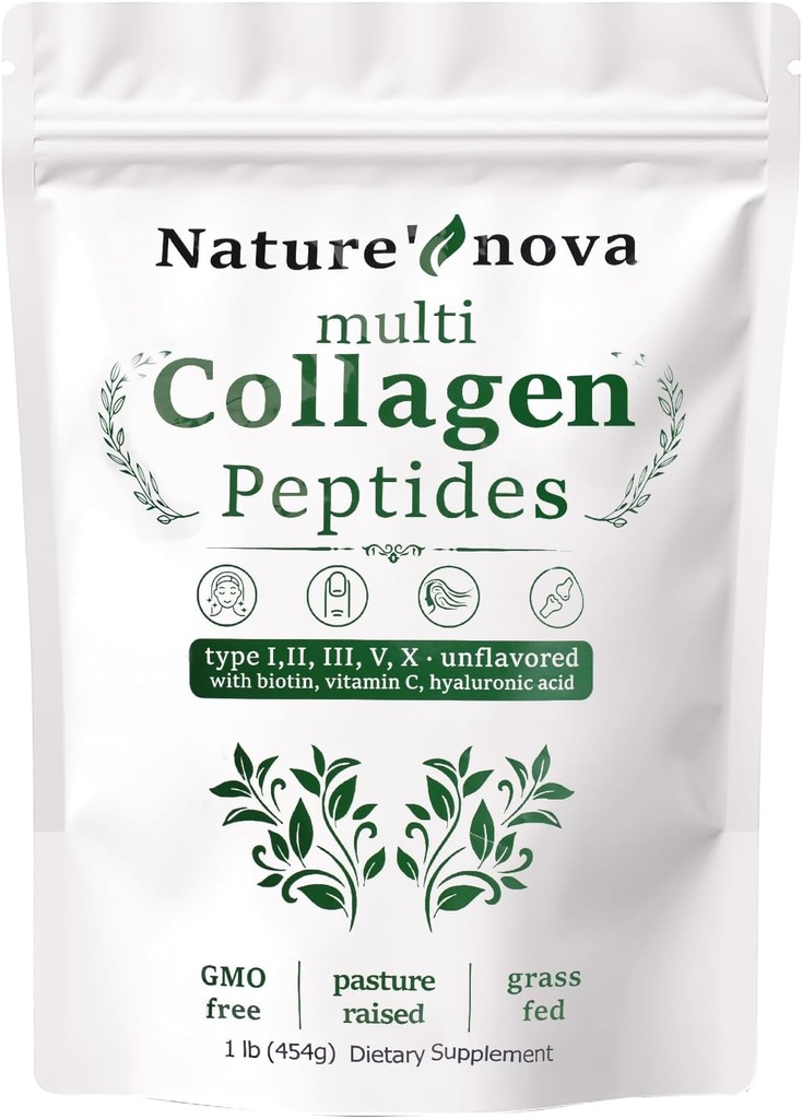 Nature's Nova Multi Collagen Peptides Powder - tyyppi I, II, III, V, X, jossa Biotiini, Hyaluronihappo, C-vitamiini - Mausteeton, helposti liuotettu, ei-GMO