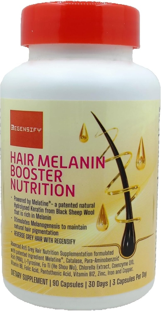 REGENSIFY Hair Melanin Booster Nutrition [Anti Grey Hair Supplement för Män & Kvinnor | Melatine®, Catalase, PABA, L-Tyrosine, Han Shou Wu, Chlorella Extract, CoQ10, Folic Acid, Pantothenic Acid]