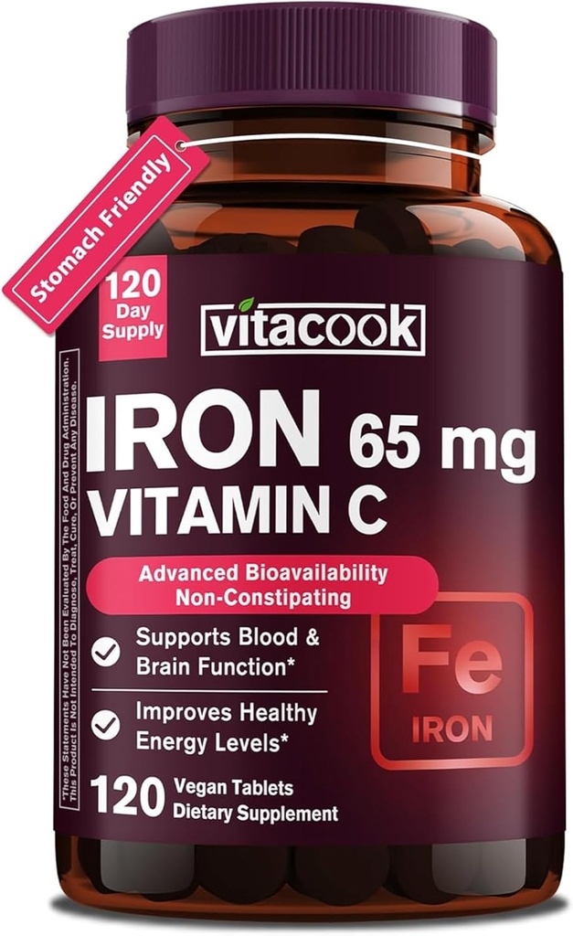 Rautalisä naisille Miehet, korkea teho Rauta 65 mg kanssa C-vitamiini 250 mg, vatsan ystävällinen rauta pillereitä Red Blood Cell & Immuuneja tukea, ei-GMO & Gluteeniton,120 Vegaanitabletit