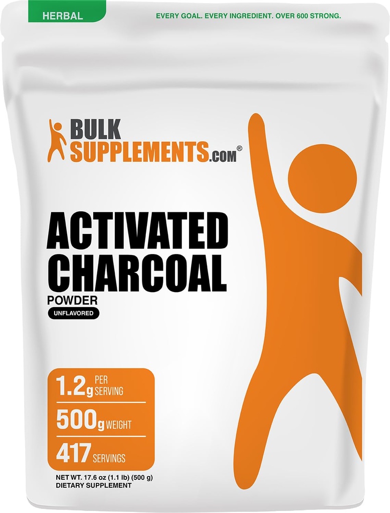 BulkSupplements.com Aktiivinen charcoal Powder - Coconut Charcoal, for Hampaiden valkaisuun - Vegaani & Gluteeniton, 1,2 g per tarjoilu, 500g (1,1 lbs) (Pakkaus 1)