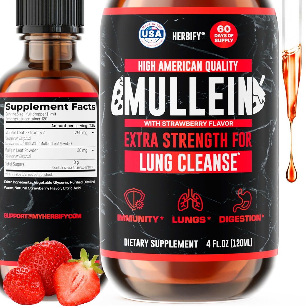 HERBIFY Mullein Drops - Lung Cleanse - Leaf Extract - Tehokas Mullein immuunituki, Detox & Hengitystuki - valmistettu USA - 4 Oz Strawberry Flavor