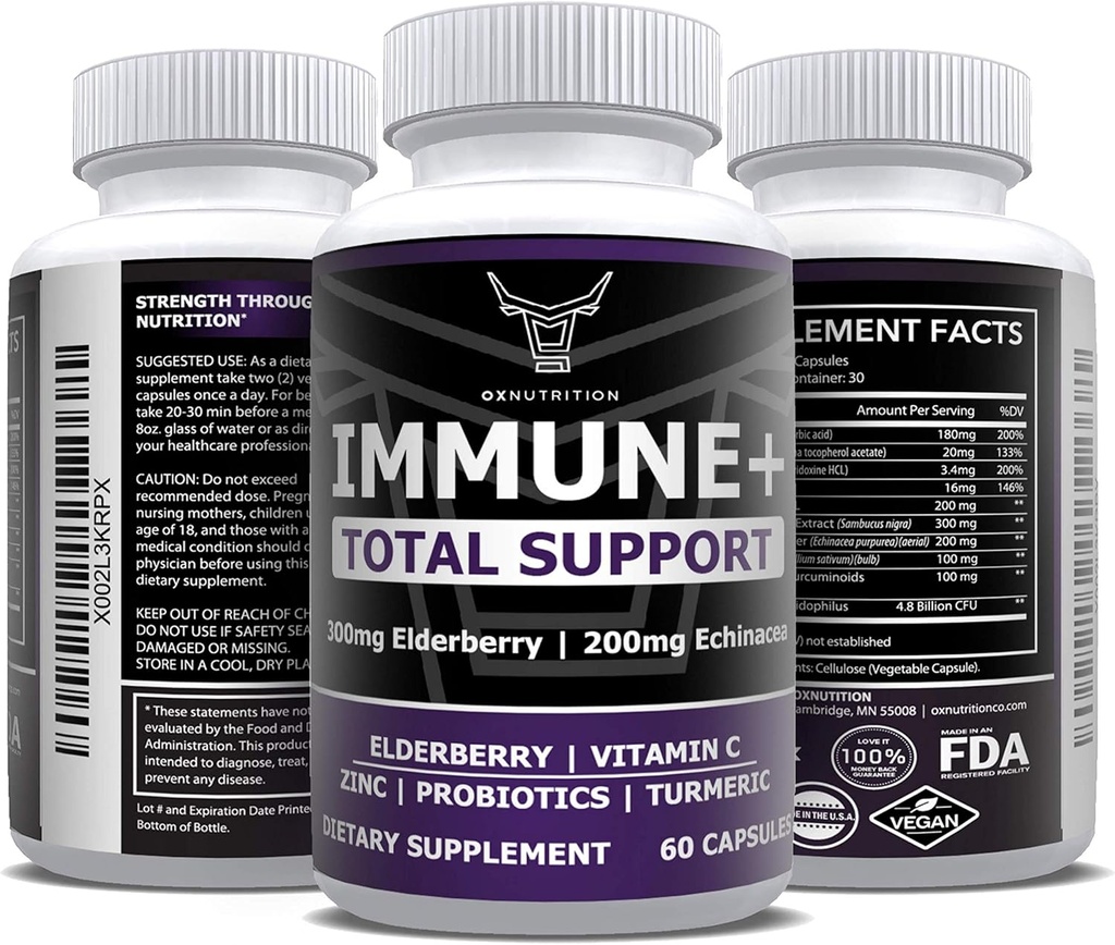 OX Nutrition 10 in 1 Elderberry, C-vitamiini, Sinkki, E-vitamiini, B6-vitamiini, Echinacea, Valkosipuli, kurkuma, L-glutamiini HCL & Lactobacillus Probiootit & Antioksidantit immuunipuolustusta varten 1 kuukausi