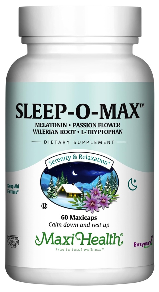 Maxi Health Aikuinen kasviperäistä Sleep-O-Max kanssa Valerian Root, Melatoniini, Tryptofaani, Passionflower - Natural Sleep Supplement - Rauhoitu.
