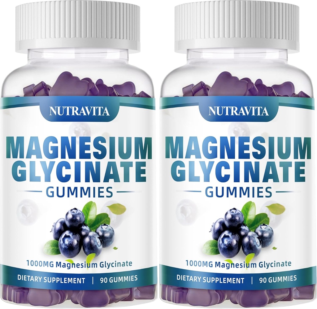 Magnesium Glycinate Gummies 1000mg med Magnesium L-Threonate,Chelated Magnesium Potassium Complex Supplement med VitD, B6, CoQ10, Calcium,Supports for Memory, Calm, Mood - 180 Gummies Blueberry