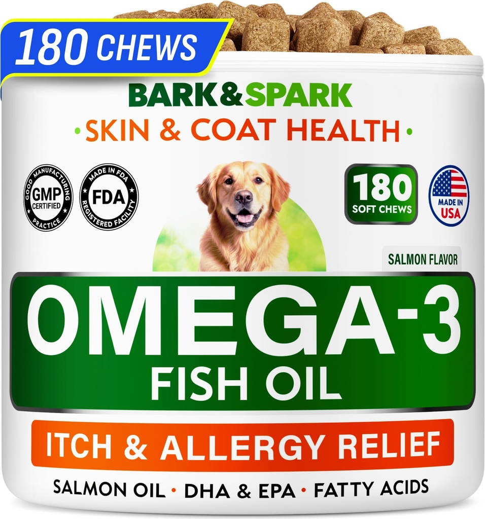 BARK & SPARK Omega 3 för hundar - 180 Fiskolja Behandlingar för hundspridning, hudallergi, Itch Relief, Hot Spots Behandling - Gemensam Hälsa - Hud och Coat Supplement - EPA & DHA Fatty Acids - Laxolja