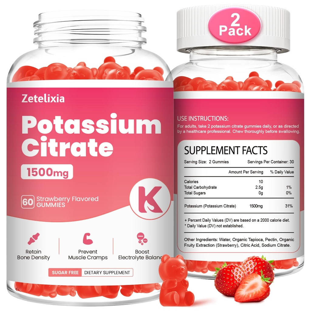 2 Pakkaus Kalium Gummies aikuisille Naiset ja miehet, Kaliumsitraatti täydentää, tuki jalat, lihasten terveys ja elektrolyyttitasapaino, sokeriton, Luomu, vegaaninen, mansikka, 120 Ct