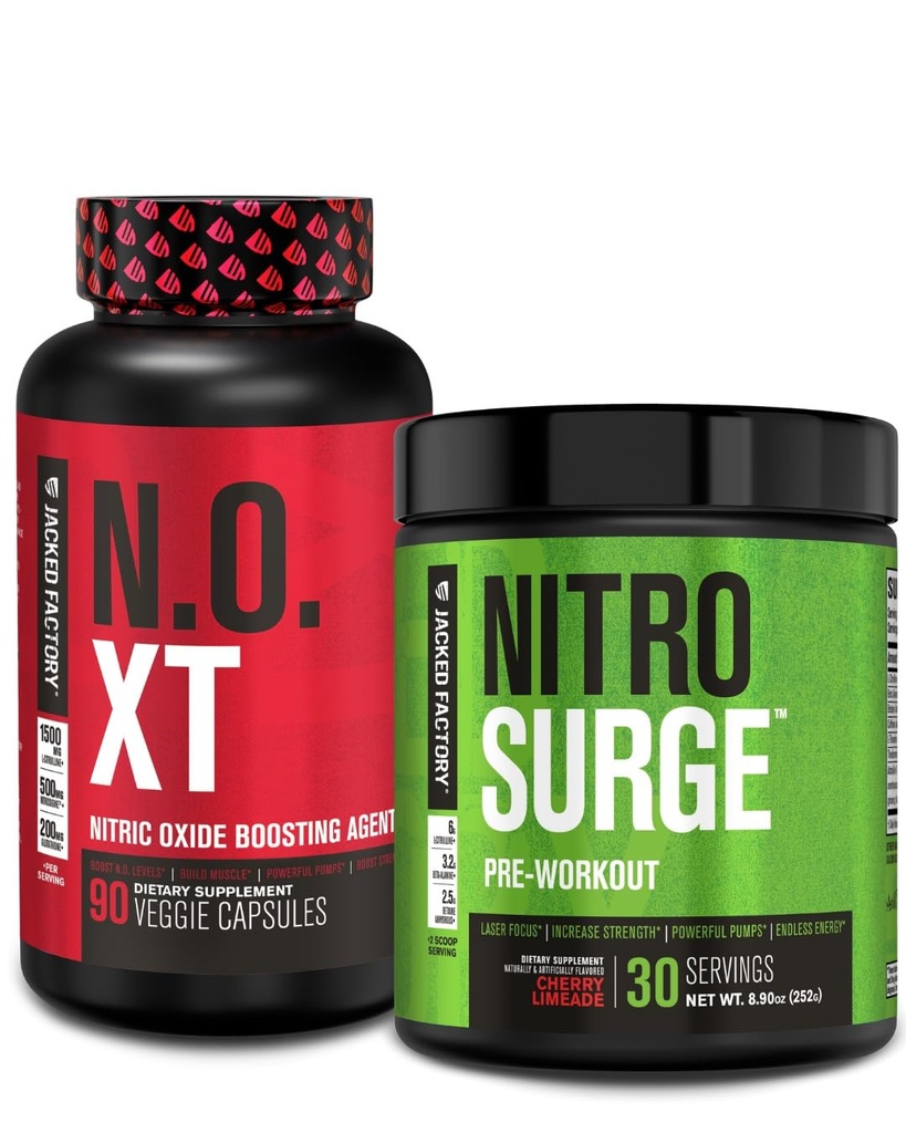 Jacked Factory Pre Treenout Stack - N.O XT Typpioksidi Booster & NITROSURGE High Energy Pre Treenout -polttoaine